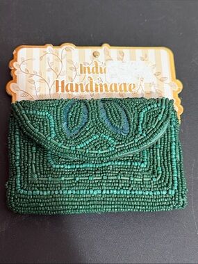 Made in India mini Hunter green beaded pouch